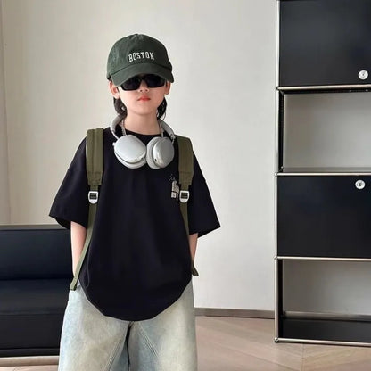 Black Graffiti Letters Pure Cotton Short Sleeve T-Shirt for Tween Boys Loose Fit Summer Youthful Wear Kids Outerwear Clothing