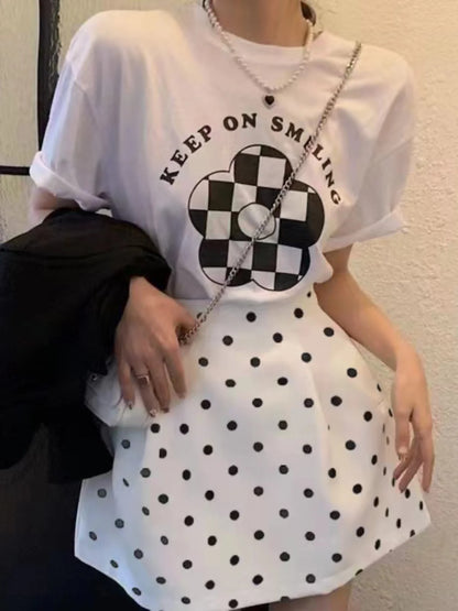Victorian Sle Polka Dot Puffy  Skirt High Waist Midi Skirts White Flower Bloom f-length Women's Faion Summer 2024