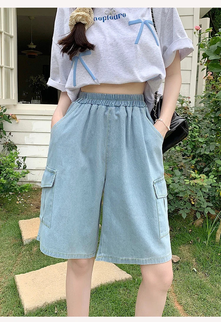 2026 Summer New Women's Denim Shorts Straight Trendy Loose Versatile Dad Shorts Thin Japanese Style Knee-length Pants