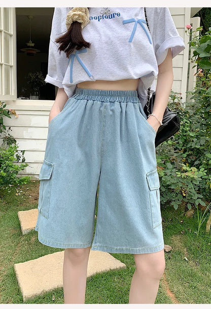 2026 Summer New Women's Denim Shorts Straight Trendy Loose Versatile Dad Shorts Thin Japanese Style Knee-length Pants