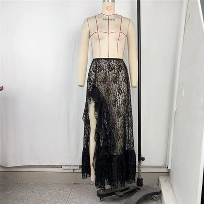 Shestyle تنانير طويلة شفافة من الدانتيل للنساء بكسرات زهرية غير متماثلة صيف 2025 ملابس جديدة أنيقة لقضاء العطلات بشق أنيق