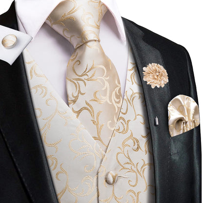 High Quality Silk Mens Vests Champagne Paisley Waistcoat Neck Tie Hanky Cufflinks Brooch Set for Men Suit Wedding Office