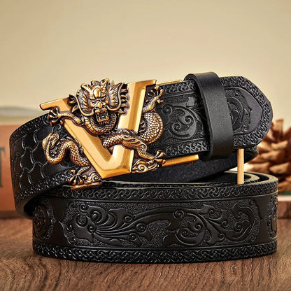 3.5CM V Buckle Cowskin Genuine Leather Belt Quality Alloy Automatic Buckle Print Wasitbad Strap Gift Bussiness Male Belt Men