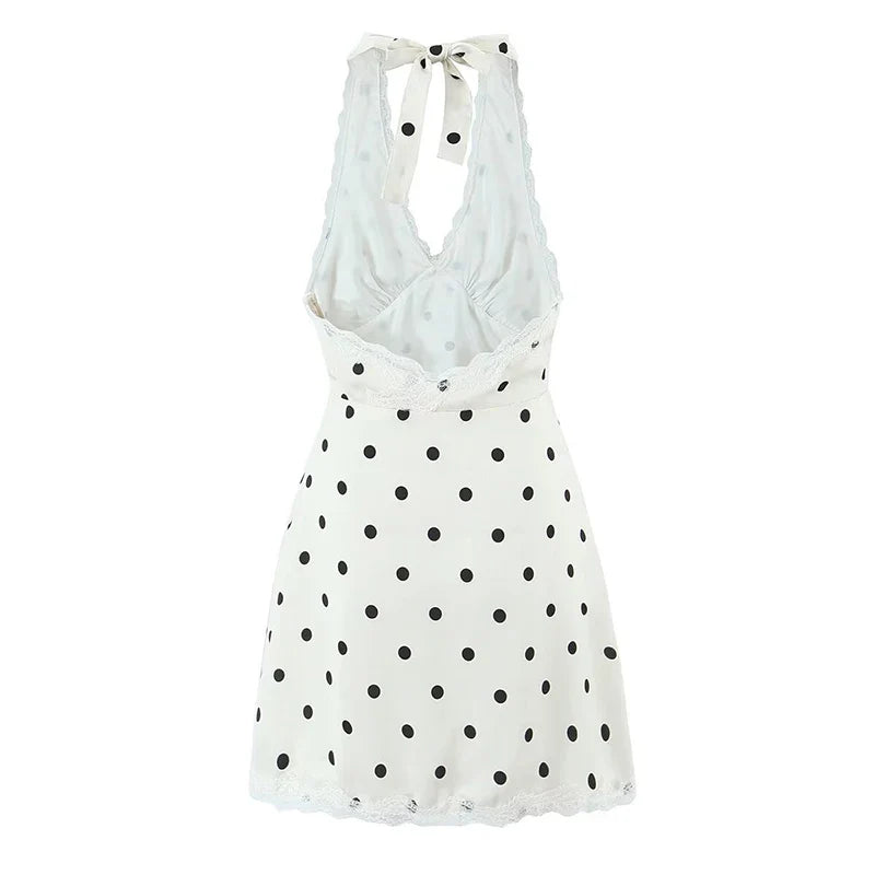Lace Spliced Polka Dot Halter Dress Women Elegant A-line Mini Sexy Backless Dresses Summer Robe 2025
