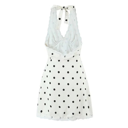 Lace Spliced Polka Dot Halter Dress Women Elegant A-line Mini Sexy Backless Dresses Summer Robe 2025