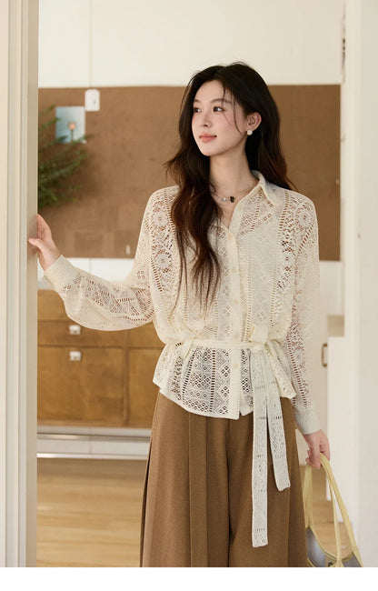 Women's Hollow-out Lace Shirt Camisole Set 2026 Spring Lapel Drawstring Waist Sheer Casual Two-Piece Knitwear MXF108C0816