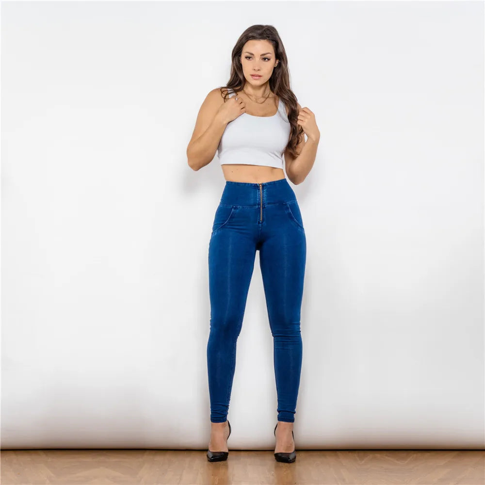 Melody High-Waist Zipper Fly Jeggings Butt Lift Stretch Blue Denim Jeans for Women