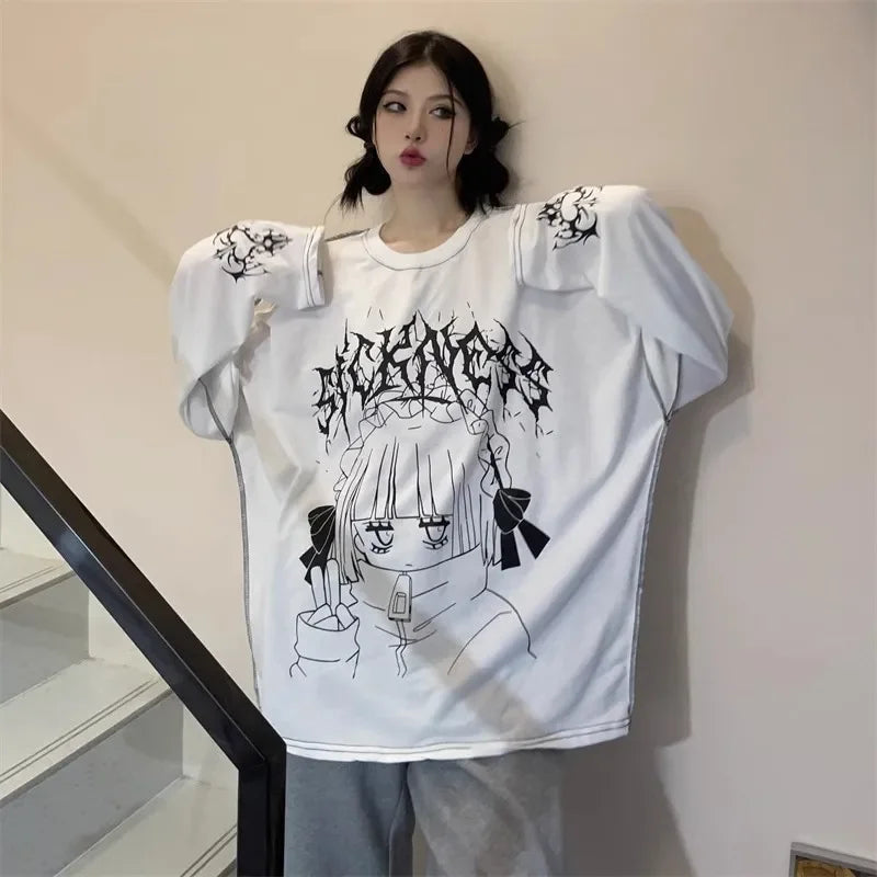 Harajuku Kawaii T-Shirt Women Sweet Japanese Gothic Subculture Loose Letter School Student Tees Long Sleeve Top Spring Outwear