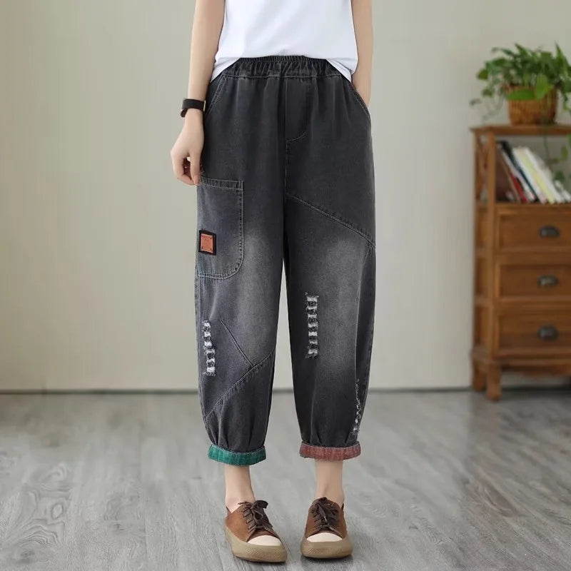 Loose Harlan Jeans Women's Denim Pants Middle-Aged Mom Trendy plus Size Carrot Shape High Waist Cotton Stretch Fabric All Sea...