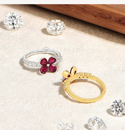 Original Teardrop Ruby Flower Ring ForWomen Pave Moissanite Engagement Rings 925 Sterling Silver Jewelry Gift For Party