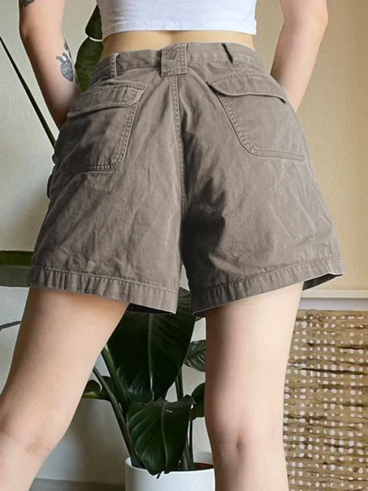 American Retro Washed Pocket Straight Leg Workwear Shorts for Female Boyfriend Mid Waist Casual Jeans Loose Pants Trendy Ins