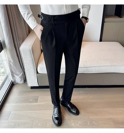 Autumn Winter High Waist Business Dress Pants Men Casual Belt Design Slim Suit Pants Formal Wedding Social Party Male Trousers