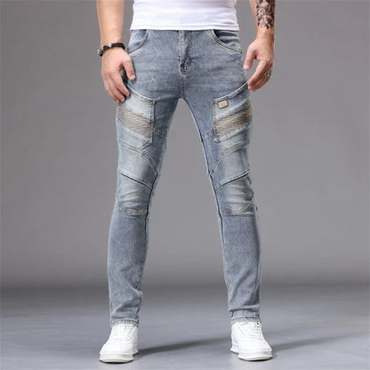 Men's Patchwork Skinny Ripped Jeans Fashion Trousers Elastic Slim Hole Biker Denim Pants Hip-hop Rock American Streetwear