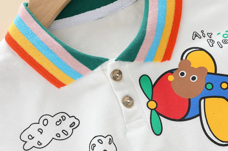 New Summer Suits for Baby Cartoon Print Kids Short Sleeve Letter Polo Shirts +denim Shorts Toddler Boy Casual Clothing Outfits