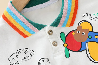 New Summer Suits for Baby Cartoon Print Kids Short Sleeve Letter Polo Shirts +denim Shorts Toddler Boy Casual Clothing Outfits