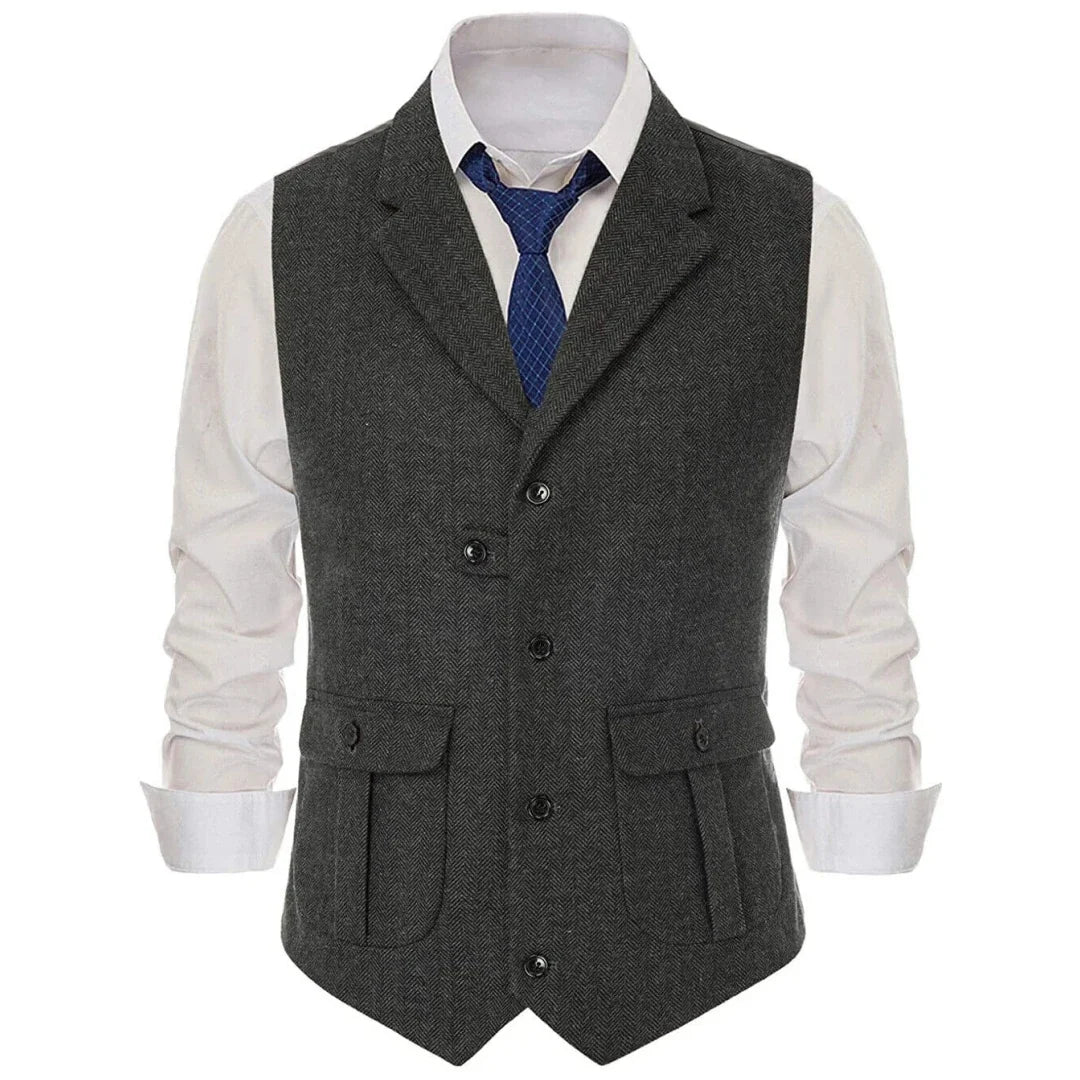 Men Vest Khaki Herringbone Single Button With Lapel Waistcoats For Wedding Banquet Business Office Work Daily Men Suit Vest