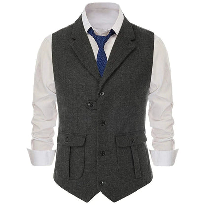 Men Vest Khaki Herringbone Single Button With Lapel Waistcoats For Wedding Banquet Business Office Work Daily Men Suit Vest