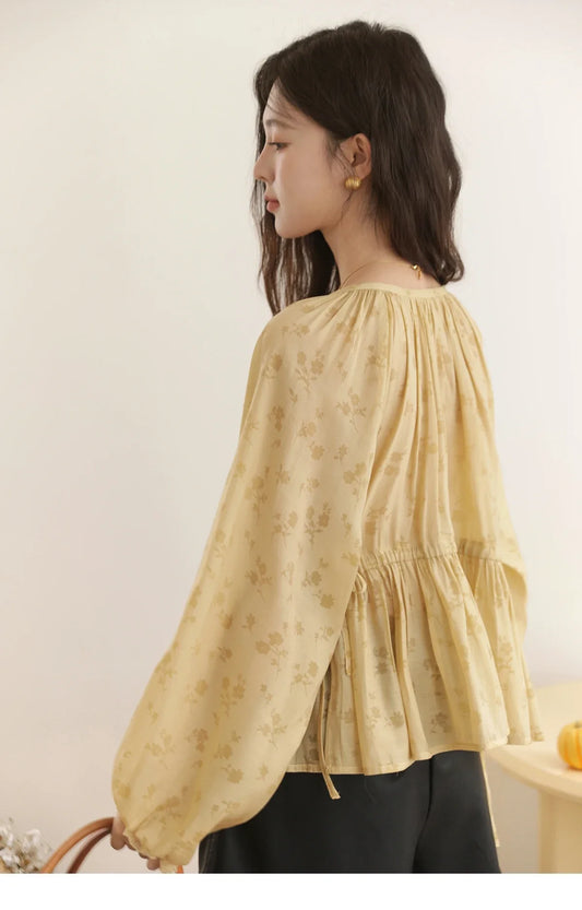 Elegant Woman Shirt 2025 Autumn Yellow Printing Lantern Sleeves Shirt Commute Drawstring Waist Lace Trim Top MXE45X2499