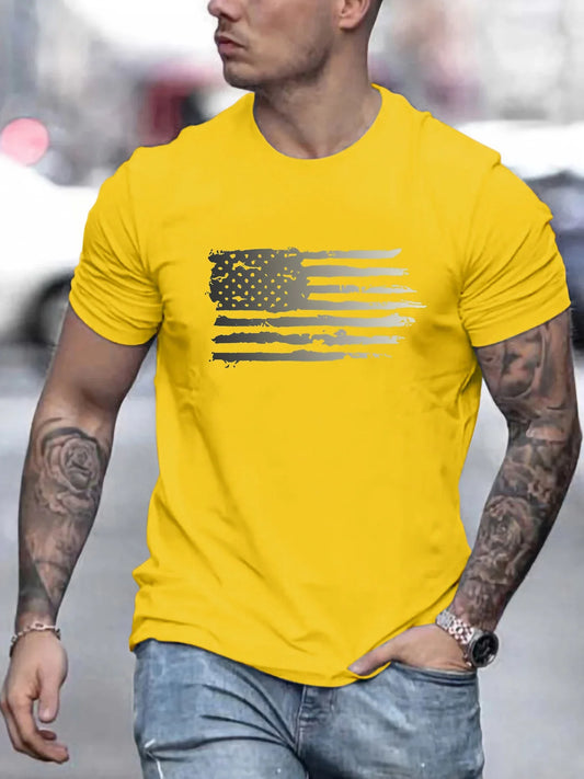 Men's summer 100 cotton fashionable casual loose plus size American flag printed sports round neck short sleeved T-shirt top