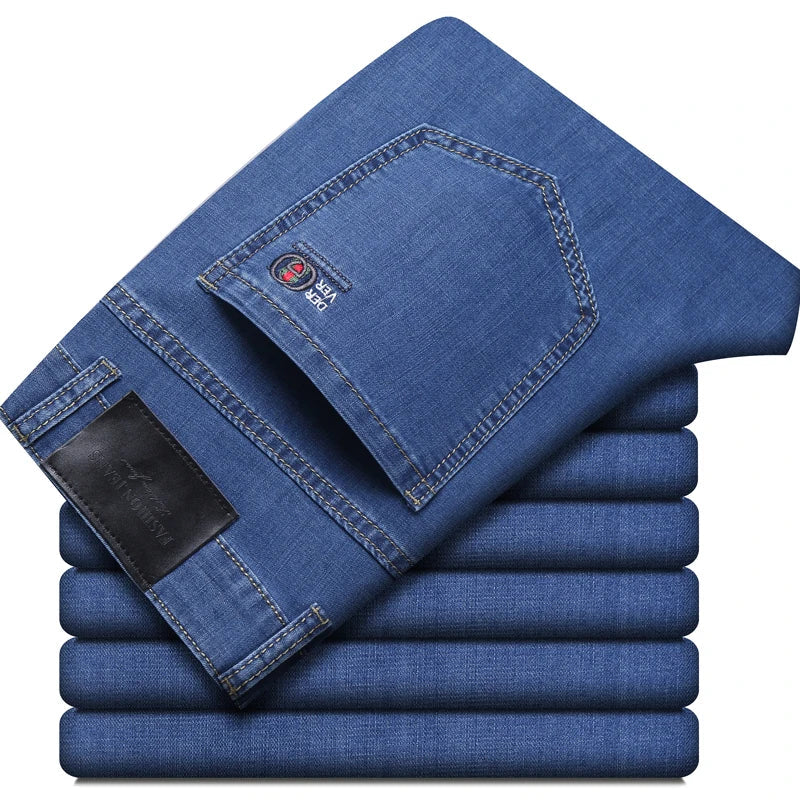 Summer New Elastic Men's Jeans Fashion Comfortable Business Straight Stretch Cotton Casual Denim Pants Brand Male Thin Trousers