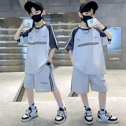 Summer Boys Cotton Loose Contrast Alphabet T-Shirt Tops+Shorts Pant School Kids Tracksuit Child 2PCS Outfit Workout Set 5-16 Yr