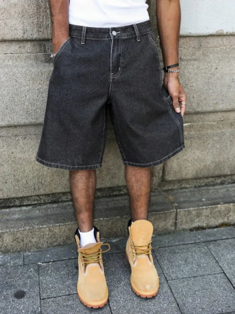 Men's Summer Black-Grey Loose Baggy Denim Shorts