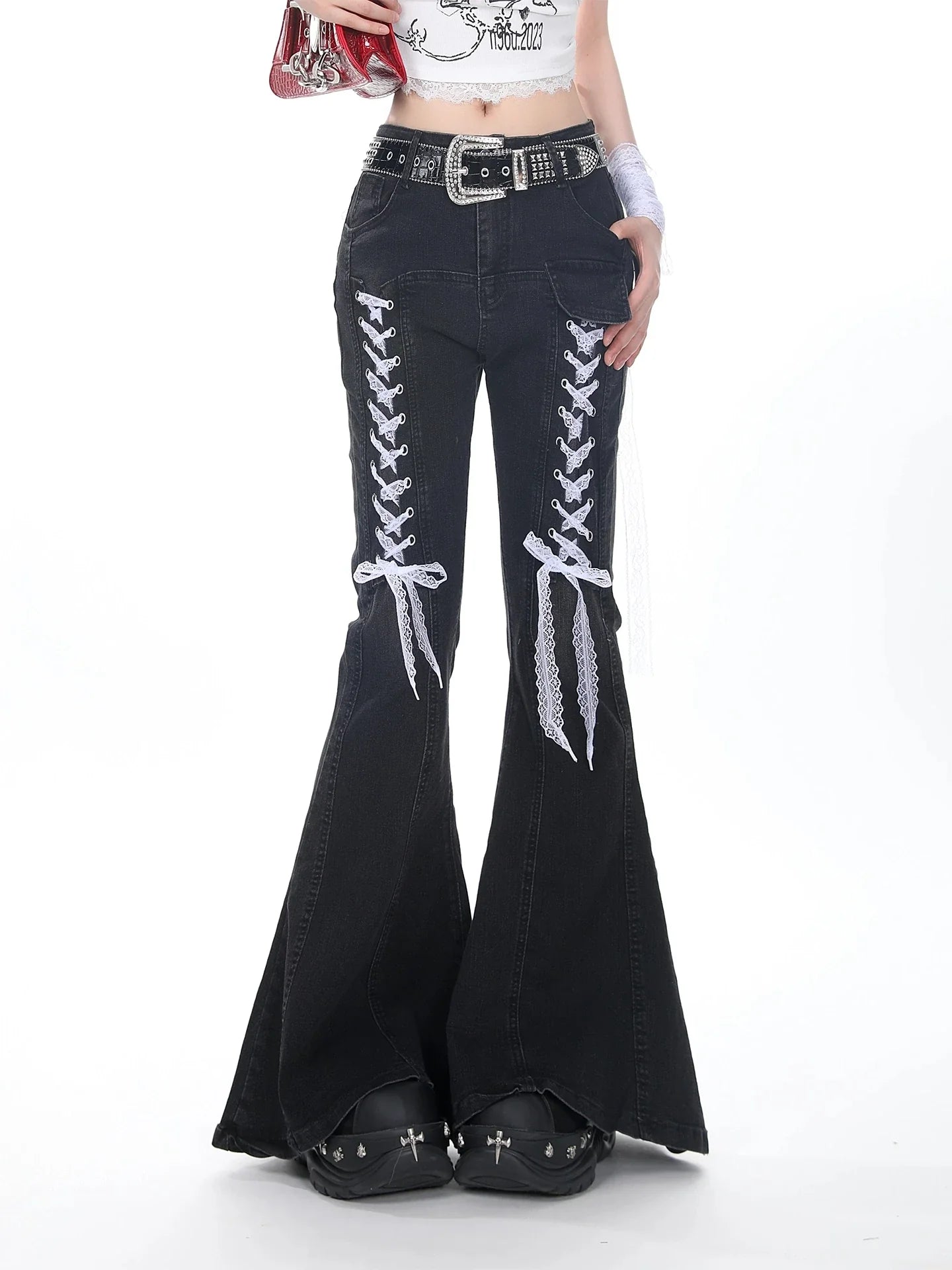 2025 Autumn Winter Women Designer 2000s Harajuku Lace Gothic Flare Denim Pants Y2k Japanese Streetwear Jean Baggy Bell Bottom