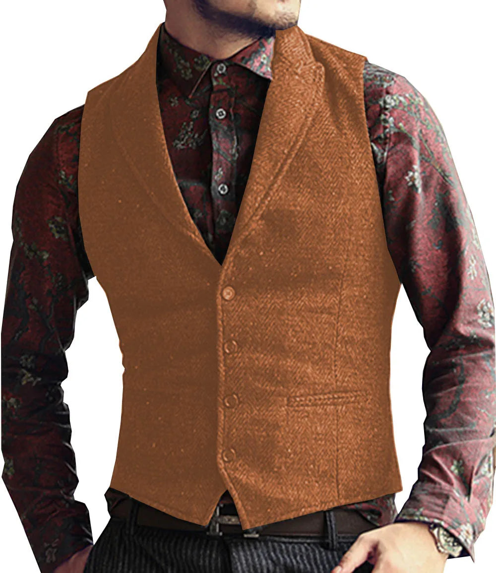 Men's Suit Vest Slim Fit Herringbone Pattern Mail Waistcoat Flip Tie Pocket Vest Business Banquet Wedding Groomsman Dress Vests