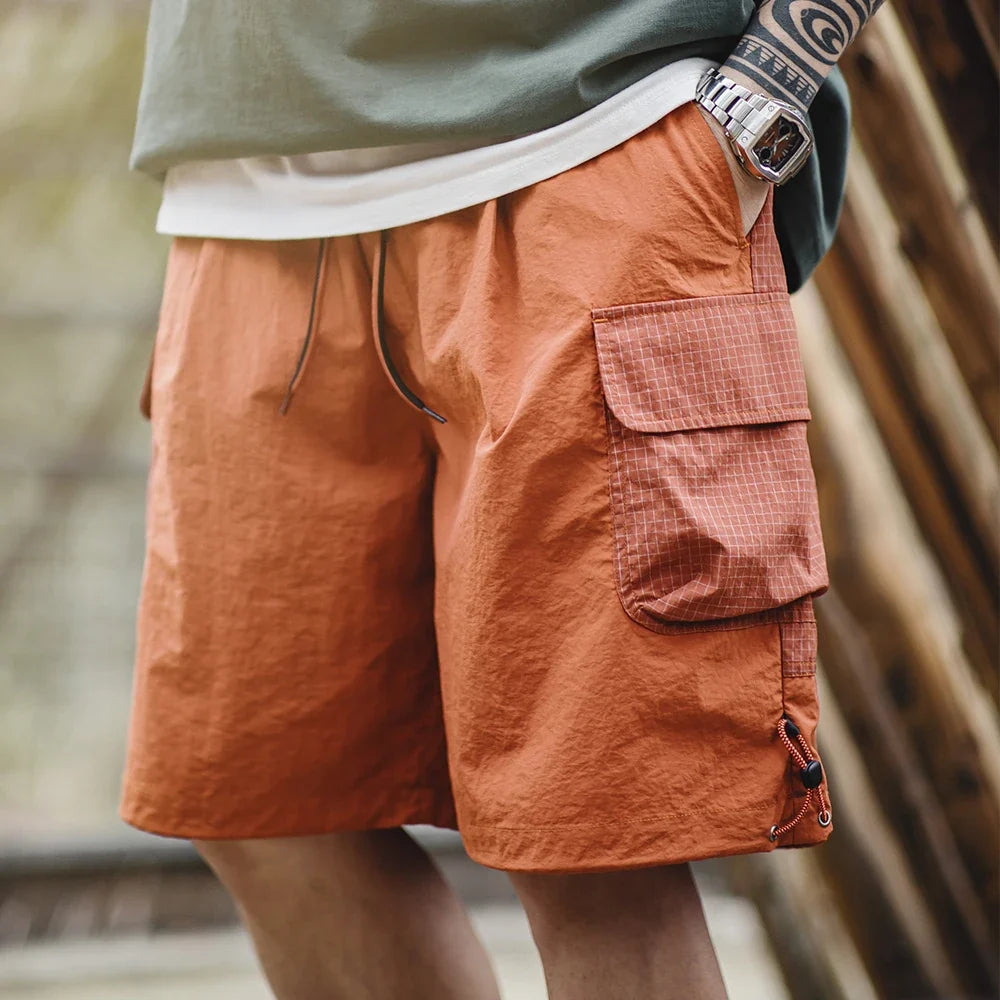 Summer Men Straight Shorts Orange Patchwork Gingham Loose Beach Pants Plus Size Shorts Elastic Waist Light Breathable