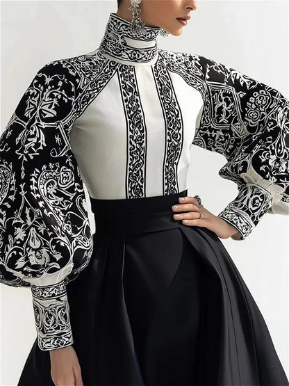 Modigirl Vintage Court Style Black and White Floral Print Blouse Women 2026 Spring Summer High Neck Puff Sleeve Elegant Shirt