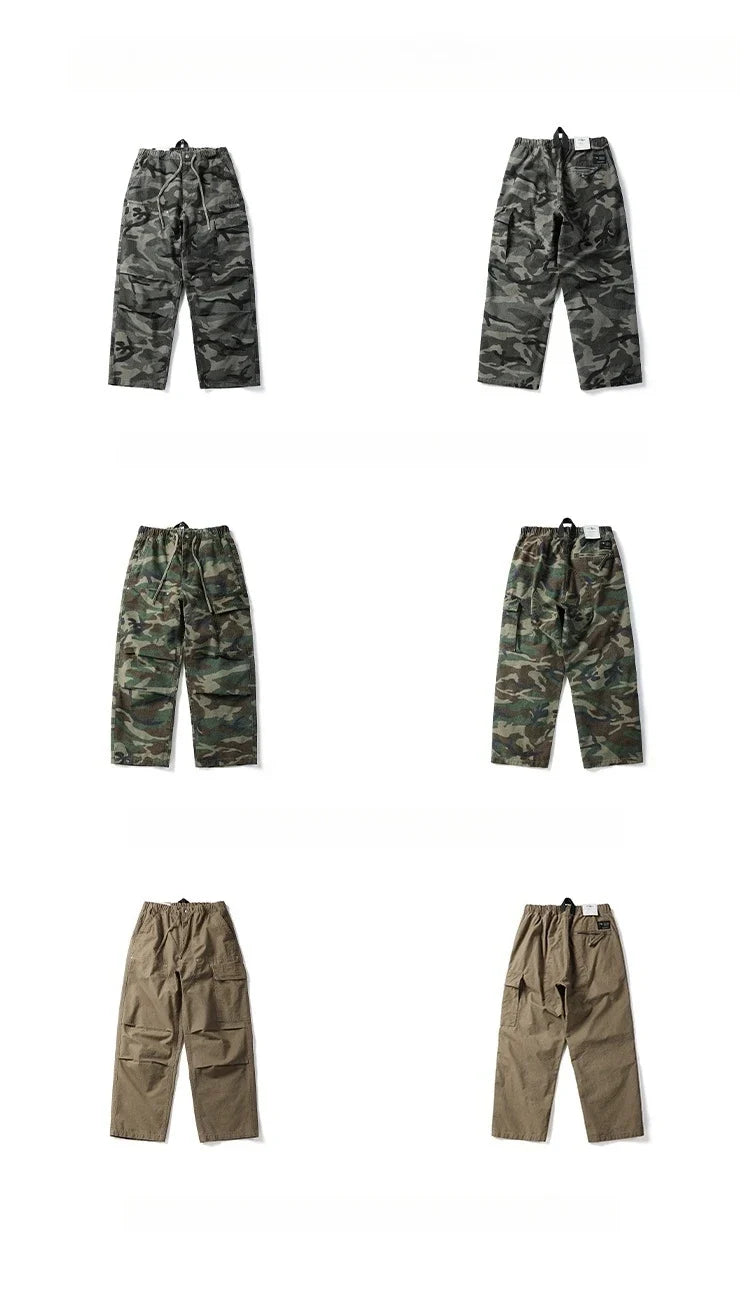 American Tactical Cargo Pants Men Heavyweight Cotton Loose Fit Straight Leg Camouflage Vintage Washed Outdoor Streetwear Premium