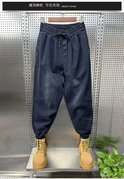 Drawstring Menswear Clothing Handsome Spring New Men's Jeans Korean Elastic Waist Buttons Decorative Fashion Harlan Pants Men