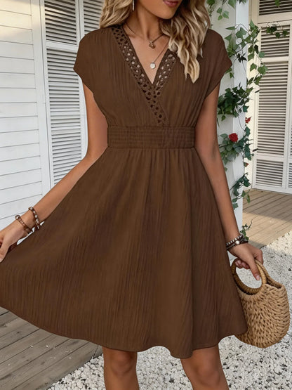 French Lace V-neck Fitted Dress with Waistline and Short Puff Sleeves. Striped Texture Short Skirt with Vertical Lines. Beach-st