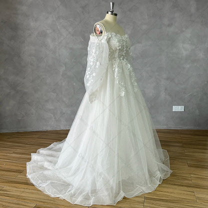 Customized Off Shoulder Lace Glitter Wedding Dresses Long Puff Sleeve 3D Flowers Boho Bride Gown 2026 Vestidos De Novia