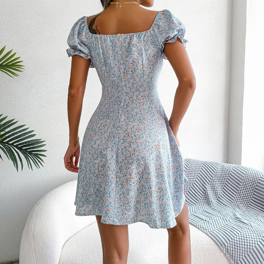 Women Casual Square Neck Flare Short Sleeve Floral Dress Elegant A Line Dress for Spring Summer 2026 Fashion Woman Clothing