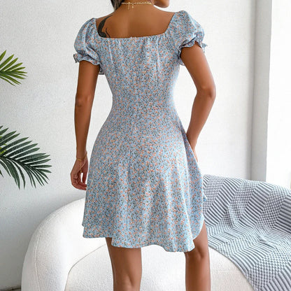 Women Casual Square Neck Flare Short Sleeve Floral Dress Elegant A Line Dress for Spring Summer 2026 Fashion Woman Clothing