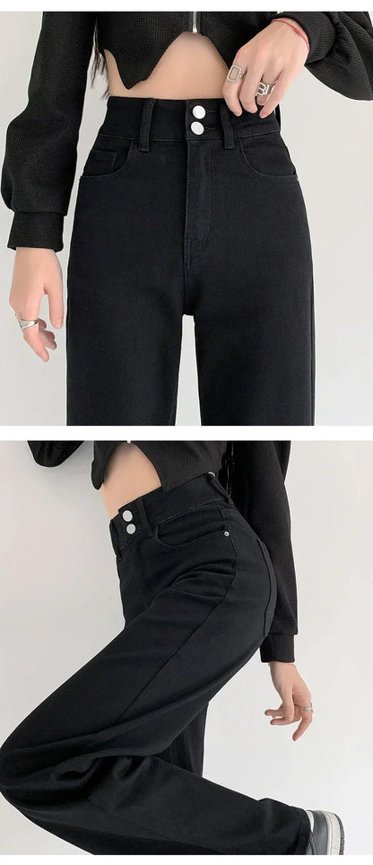 Loose Straight Women's Jeans Fashion Stretch Soft Drape Multi-button High Waist Denim Trousers Street Fashion Female Clothing