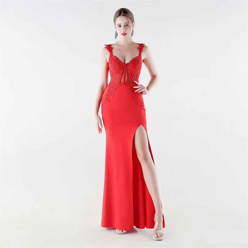 10 Colors Women's Sexy Slit Evening Dress with Appliques Soft Satin Wedding Party Dresses Prom Gowns robe de soiree