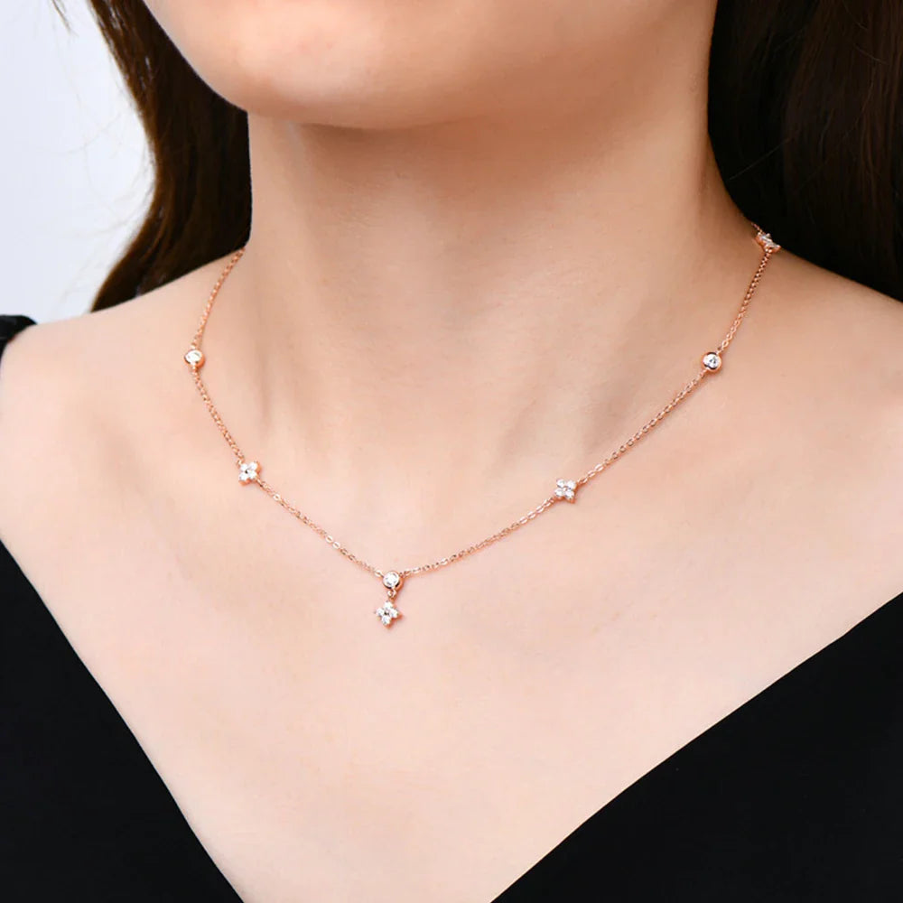 Rose Gold Four Leaf Clover Moissanite Necklace 925 Silver Plated 18k Yellow/White Gold Diamond Choker Chain for Women Jewelry