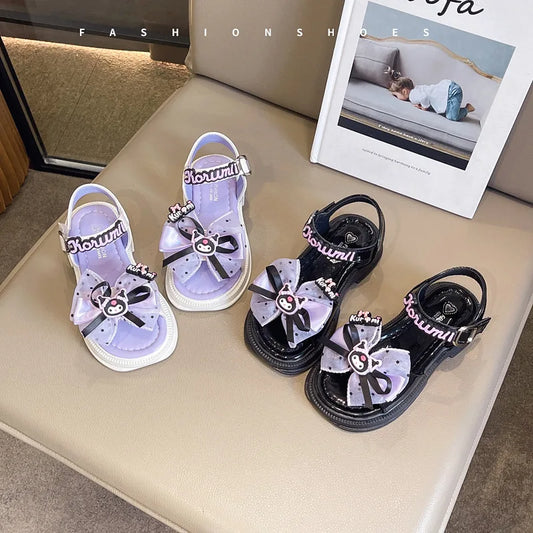 Kids'Sandals Kuromi PU Leather Bow Flat Spring Shoes For Girls Anti-slip Soft Thick Bottom White Black Shoes Size 25-36