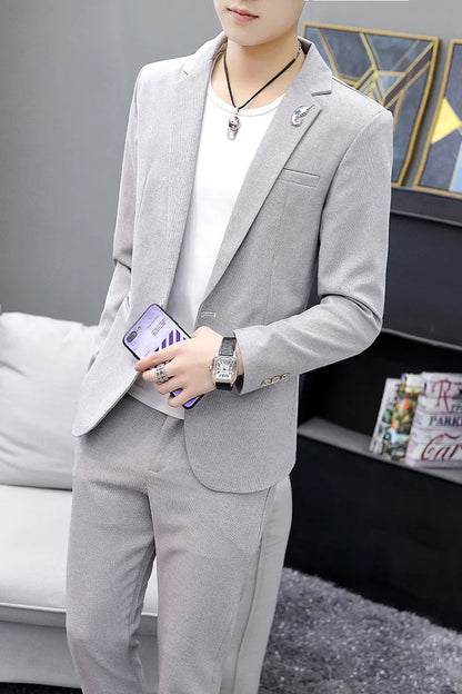 2026 High Quality Casual Suit for Men (Suit + Trousers) Young Solid Color Handsome Korean Version Fashion Slim Two-Piece Set