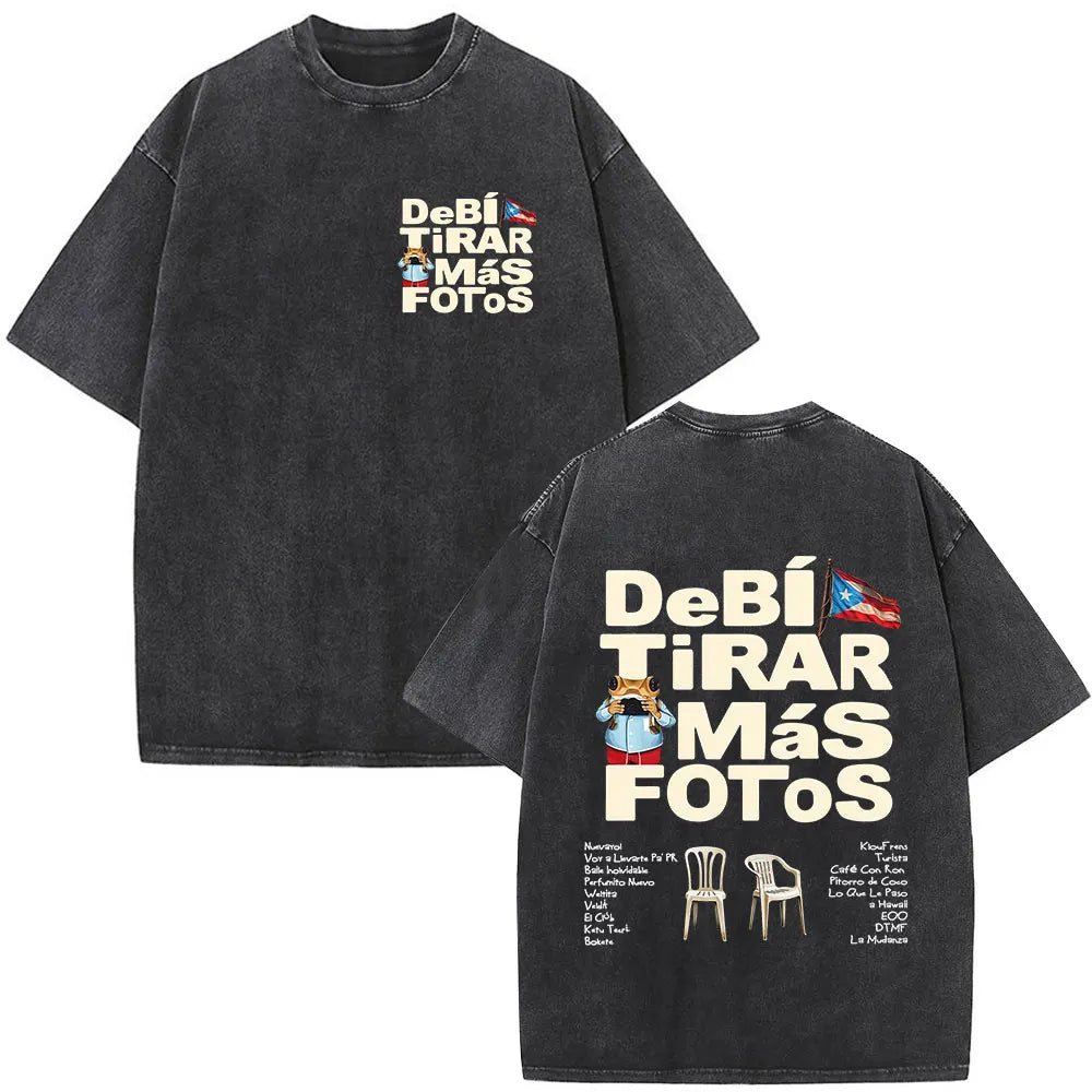 Washed Vintage Rapper Bad Bunny T-shirt Debi Tirar Mas Fotos DTMF World Tour Album T Shirts Men Women Fashion Hip Hop T-shirts