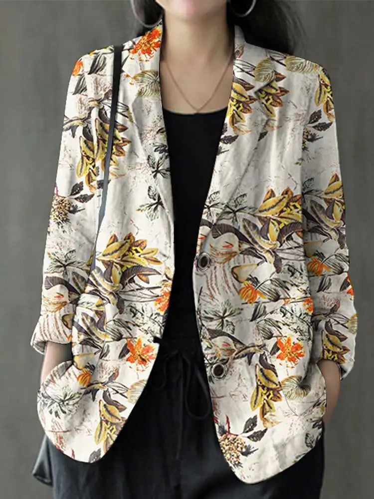 Women Cotton Blazer Vintage Lapel Neck Long Sleeve Thin Coats Autumn Elegant Work Suit Retro Floral Printed Loose Outwear