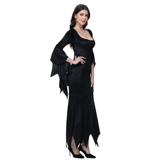 Halloween Morticia Adams Primate Black Adams Family Dress Retro Gothic Flared Sleeve Fishtail Dress Vestido