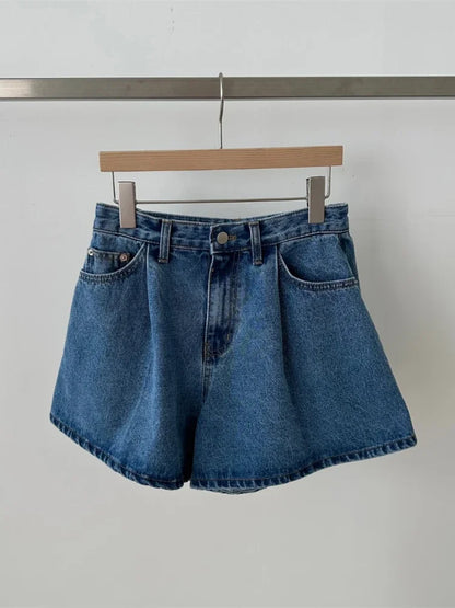 2024 New High Waist Washed Women's Denim Wide Leg Shorts Summer Buttons Casual Female Blue Jeans Trouses Pockets