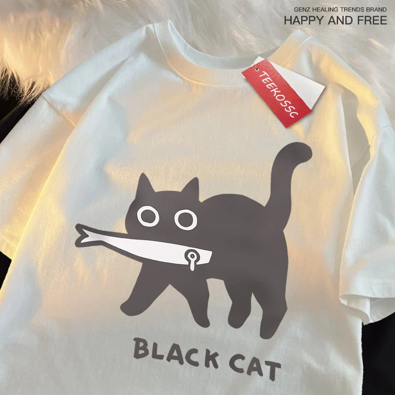 Fun A Black Cat Eating Fish Japanese Style Men Women T-Shirt Fashion Print T Shirt Breathable Oversize T-Shirts Cotton Clothes