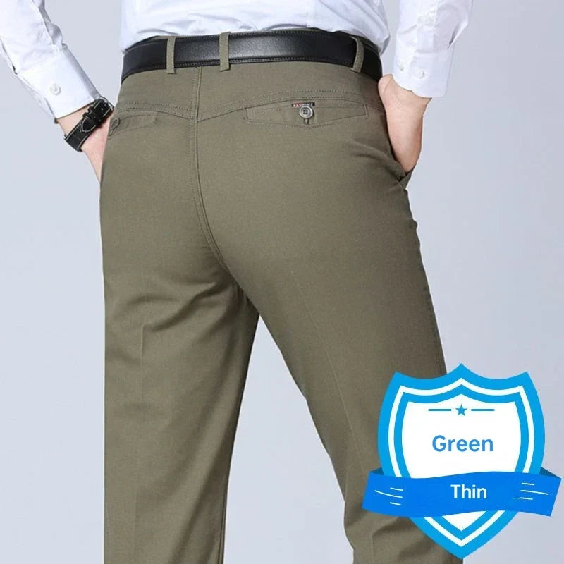 Men's Office Business 100% Cotton Pants Summer Thin & Autumn Thick High Waist Straight Loose Solid Bland Suit Slacks GOZBKF