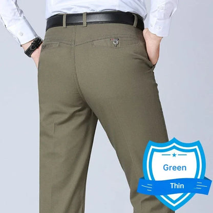 Men's Office Business 100% Cotton Pants Summer Thin & Autumn Thick High Waist Straight Loose Solid Bland Suit Slacks GOZBKF