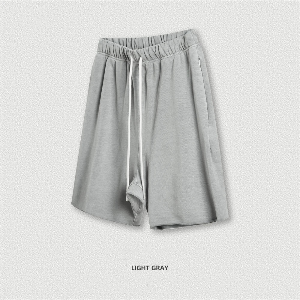 New Summer Men Retro Washed Shorts Unisex Drawstring Loose Edge 420gsm Solid Knee Length Cotton Pants Streetwears HY0589