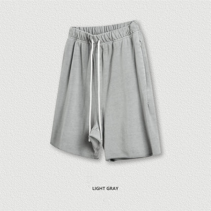 New Summer Men Retro Washed Shorts Unisex Drawstring Loose Edge 420gsm Solid Knee Length Cotton Pants Streetwears HY0589
